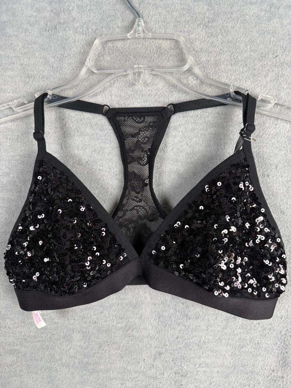 Victoria's Secret PINK M Sequin Triangle Racerback Bralette Black NWT Bling